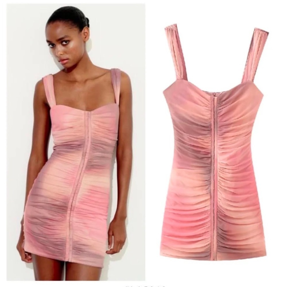 Zara Pink Ombre Ruched Zip-Front Mini Dress